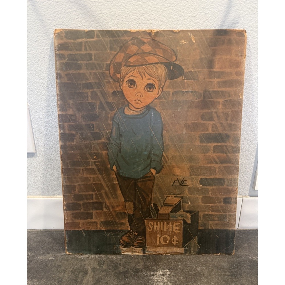 Vintage Big Eyed Boy Art Print Signed Eve Rain Scene Shine 10¢ 20x16